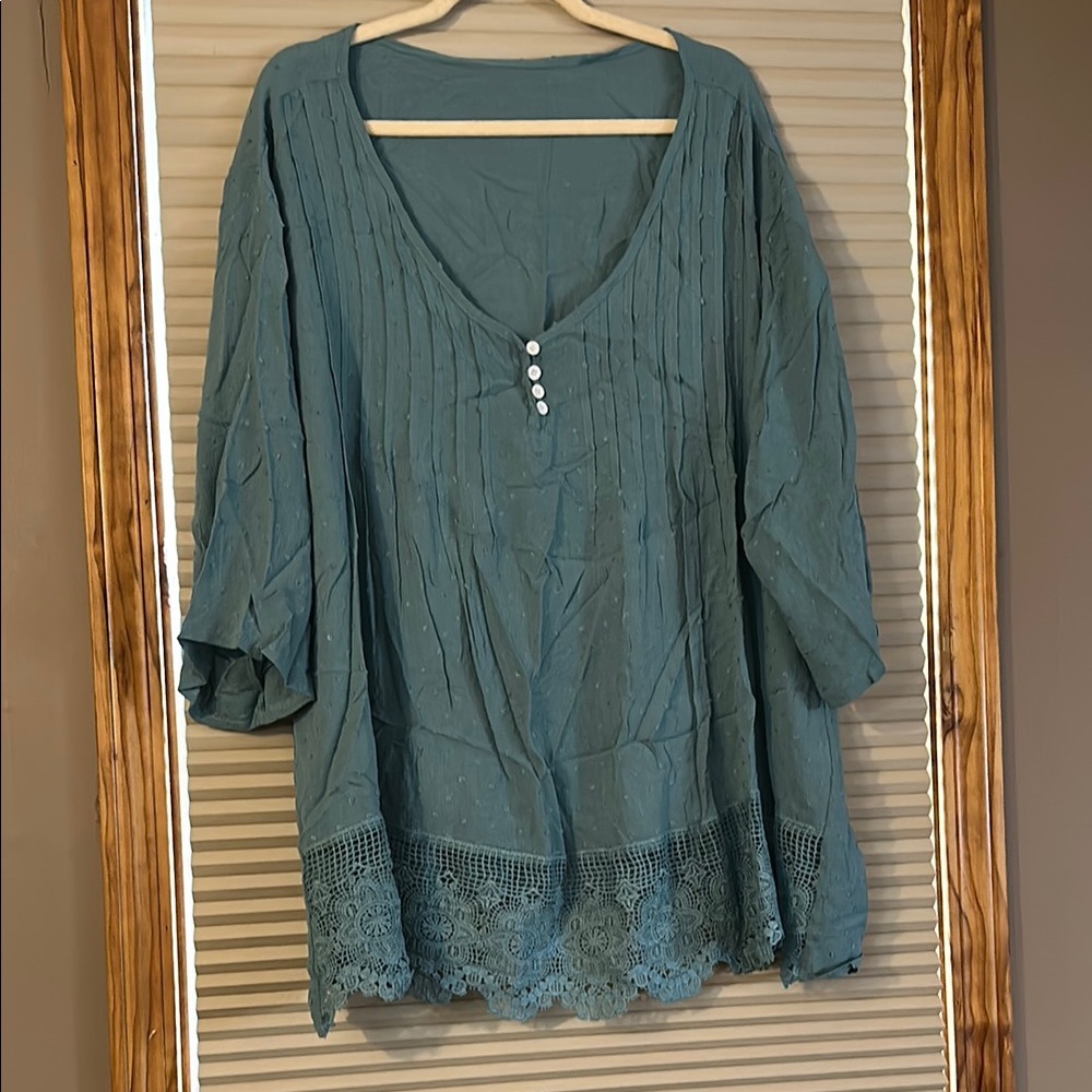 Women's Teal Blouse with Lace Trim